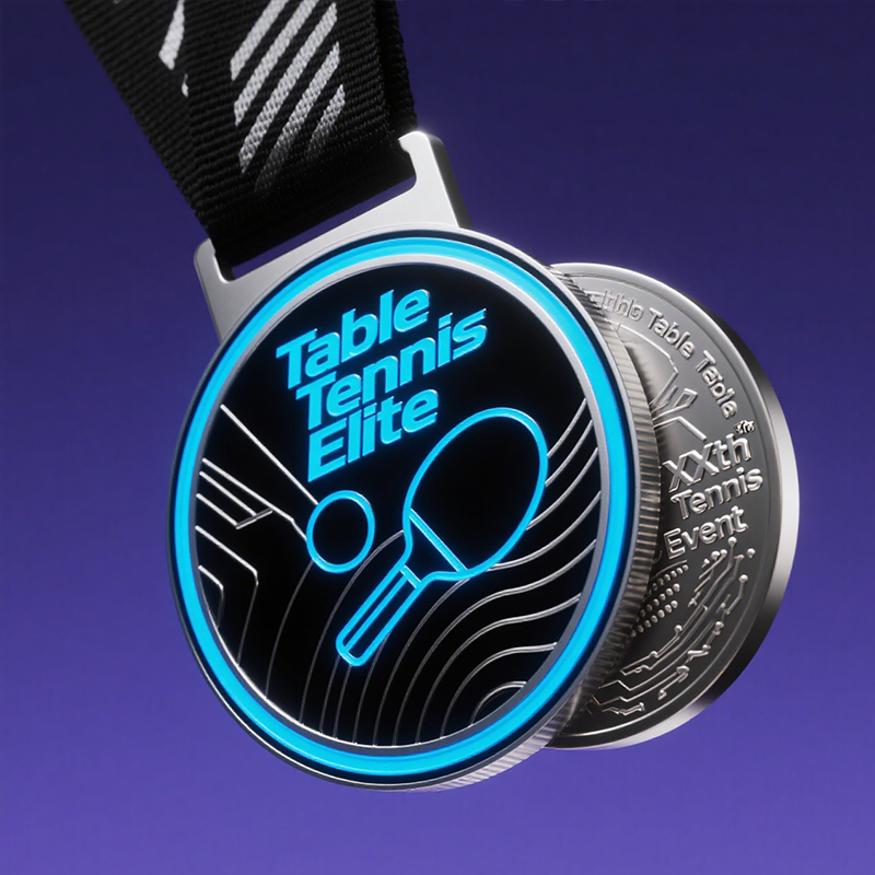 Cyber-Stil Tischtennis-Medaille, schwarz, silber und blau lumineszierende metallische Turnier-Gedenkmedaille.