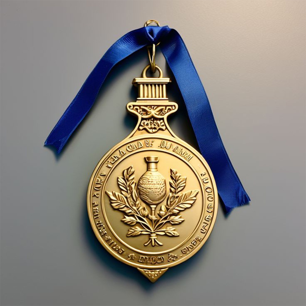 Vergoldete klassische Vase Relief-Medaille; blaues Satinband antik-stilisiertes Gedenkabzeichen