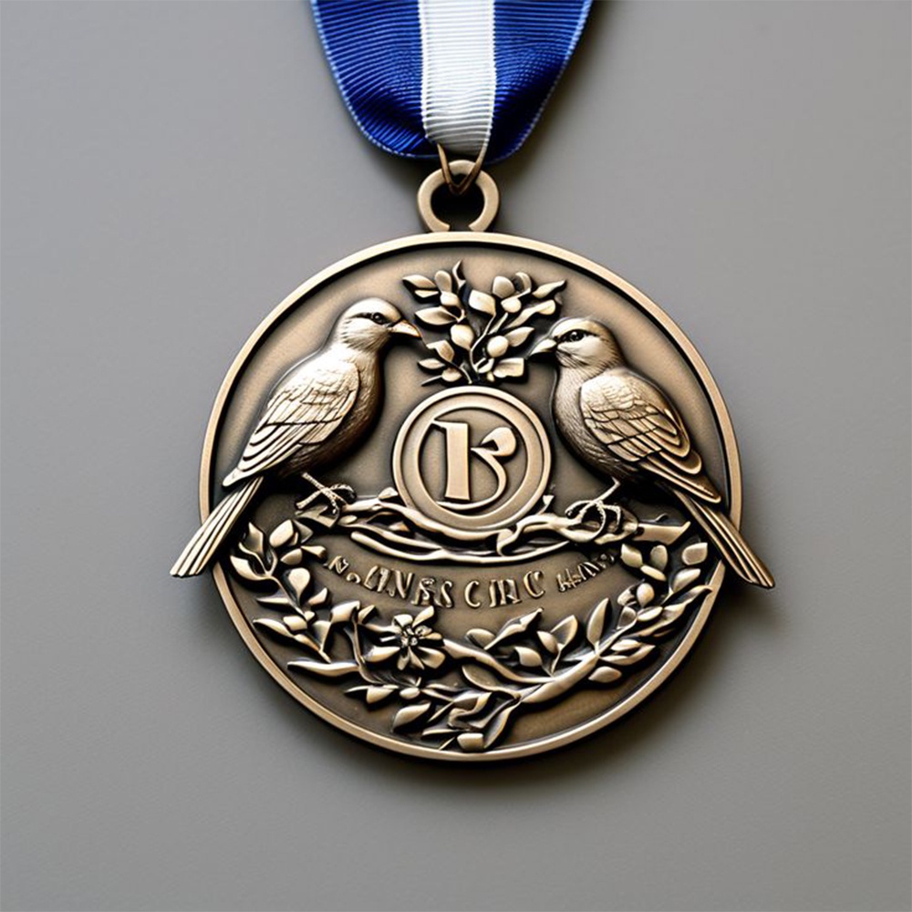 Vergoldete klassische Vase Relief-Medaille; blaues Satinband antik-stilisiertes Gedenkabzeichen