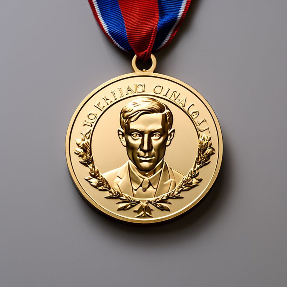 Vergoldete klassische Vase Relief-Medaille; blaues Satinband antik-stilisiertes Gedenkabzeichen