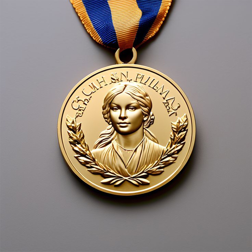 Vergoldete klassische Vase Relief-Medaille; blaues Satinband antik-stilisiertes Gedenkabzeichen