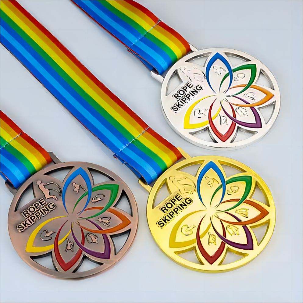 Gold-, Silber- und Bronzemedaillen für Kampfsportwettbewerbe; dreidimensionale Reliefmedaillen mit durchbrochenen Ringmustern.