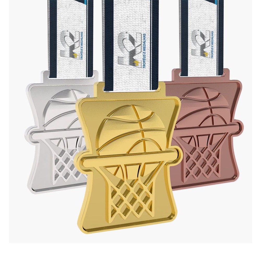 Gold-, Silber- und Bronzemedaillen in Basketballkorbform; dreidimensionale, hohl ausgeschnittene Ehrenmedaillen für Basketballturniere.