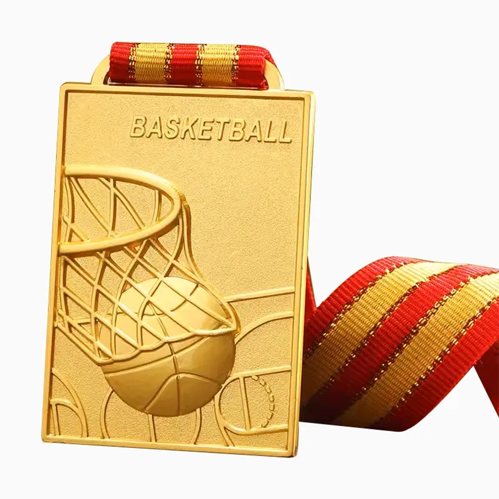Gold-, Silber- und Bronzemedaillen in Basketballkorbform; dreidimensionale, hohl ausgeschnittene Ehrenmedaillen für Basketballturniere.