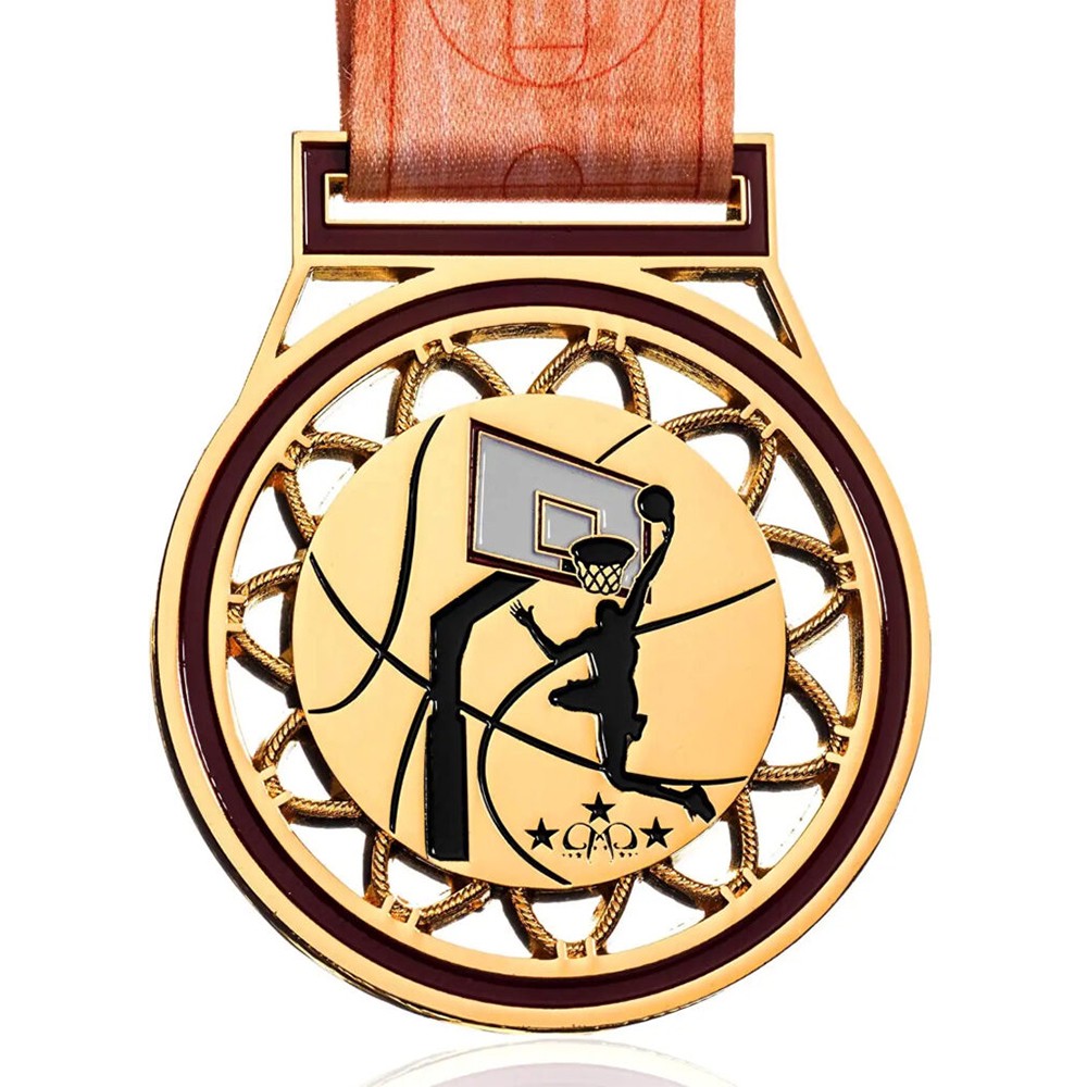 Gold-, Silber- und Bronzemedaillen in Basketballkorbform; dreidimensionale, hohl ausgeschnittene Ehrenmedaillen für Basketballturniere.