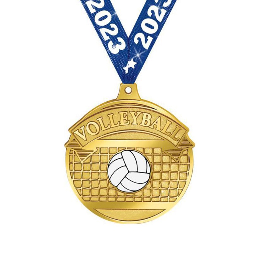 Ausgehöhlte Medaillen für Volleyballturniere, Silhouette eines Schmetterballs, orange- und goldfarbene Gedenkabzeichen aus Emaille