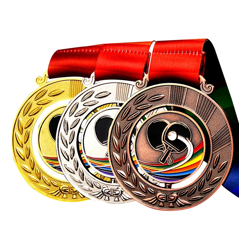 Gold-, Silber- und Bronzetabletten-Medaillen für Tischtennisturniere; Regenbogen-Schläger-Emaille-Gedenkmedaillen.