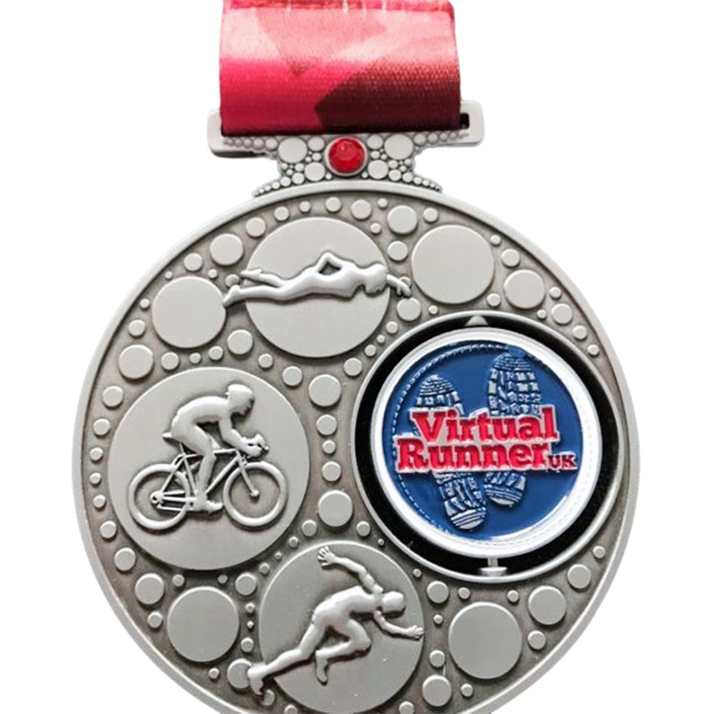 Triathlon-Drehmedaille, antike silberne Gedenkabzeichen für Schwimmen, Radfahren und Laufen