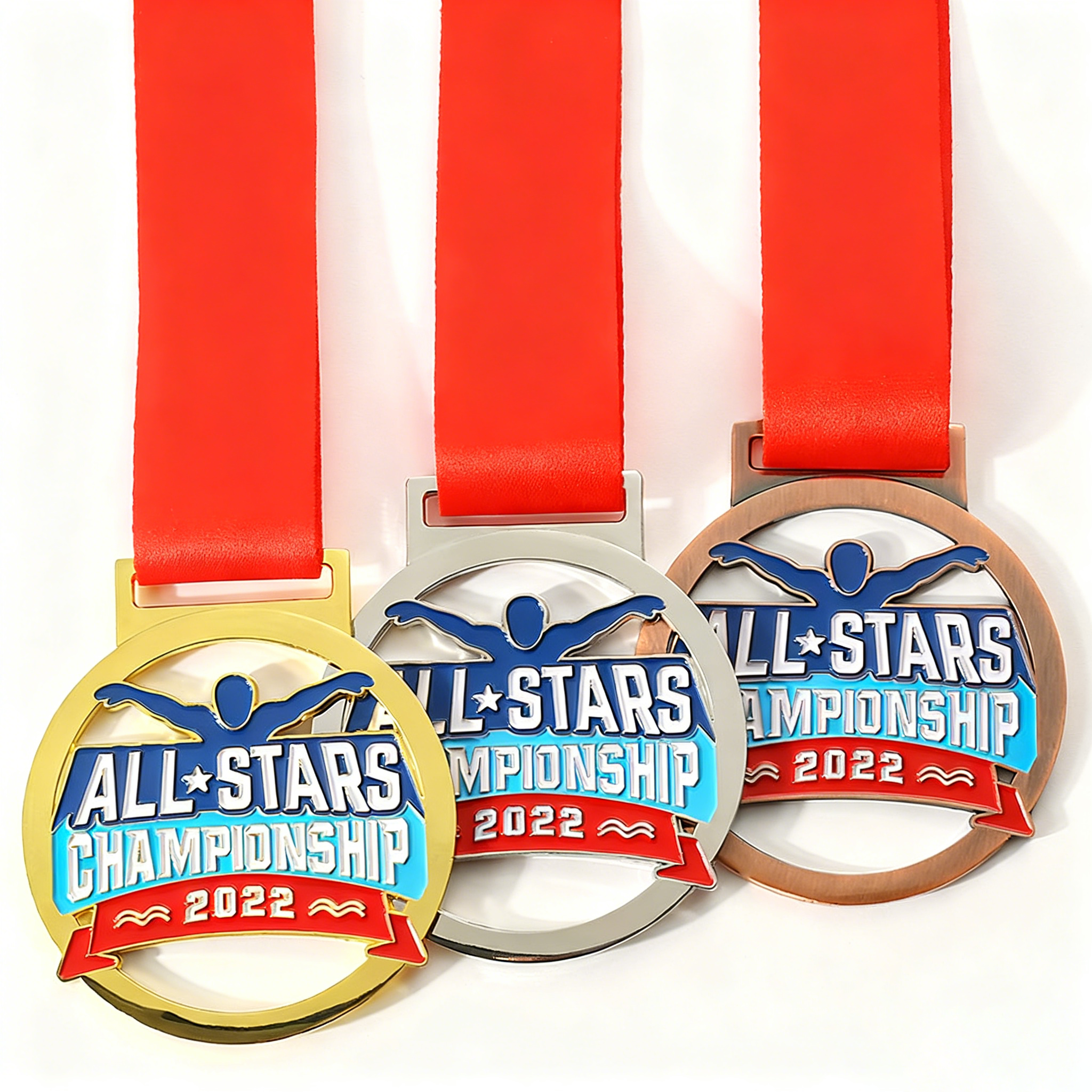 Schwimm-All-Star-Meisterschaftsmedaillen: Gold, Silber und Bronze dreifarbige ausgehöhlte Sport-Silhouetten-Gedenkabzeichen