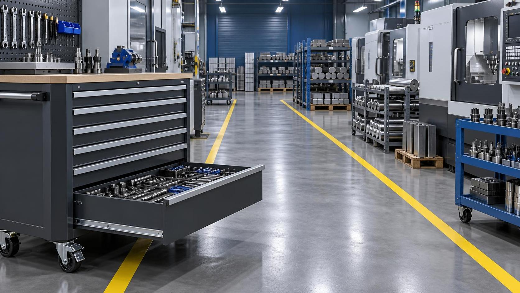 How much aisle clearance does a mobile cabinet need in a busy workshop?