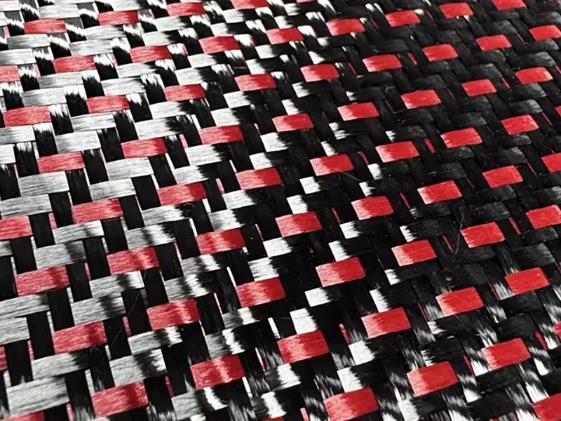 Latest Style Carbon/Kevlar Fiber Hybrid Jacquard Fabric Red Black for Attractive Surfaces