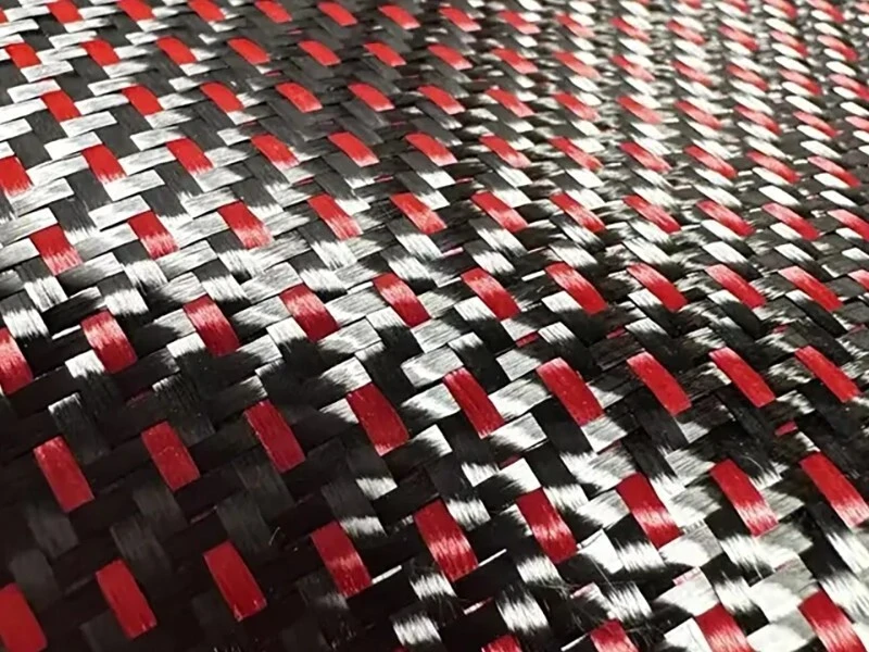 Latest Style Carbon/Kevlar Fiber Hybrid Jacquard Fabric Red Black for Attractive Surfaces