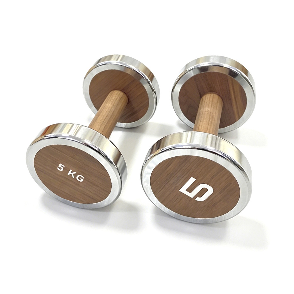 Non Slip Walnut Wood Grain Grip Round Head Stainless Steel Dumbbell