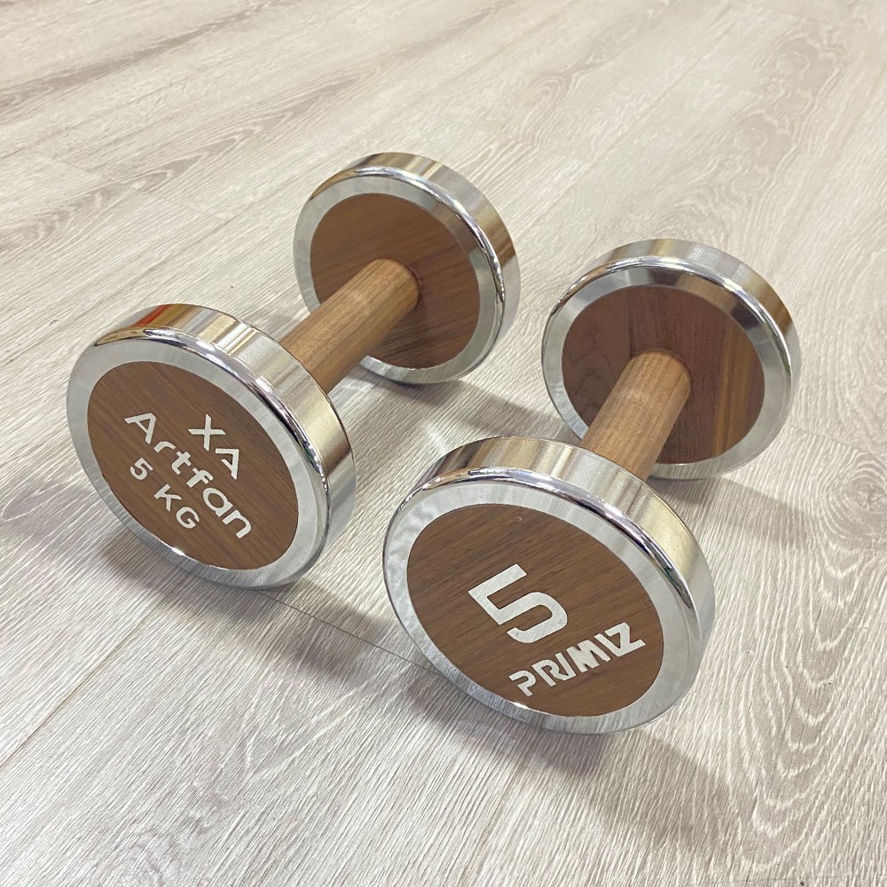 Non Slip Walnut Wood Grain Grip Round Head Stainless Steel Dumbbell