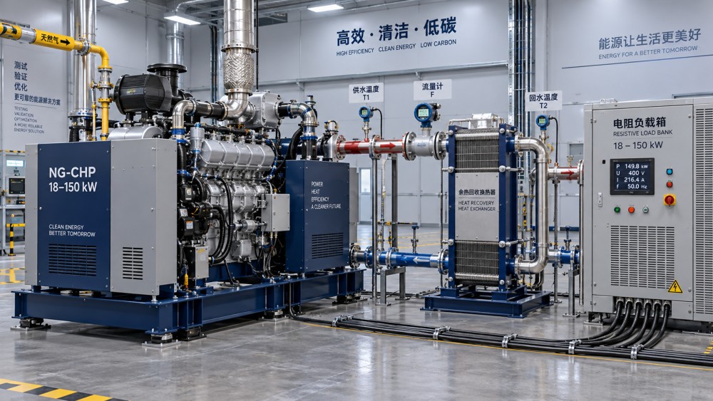 How should a factory load-test an 18–150 kW natural gas CHP unit?