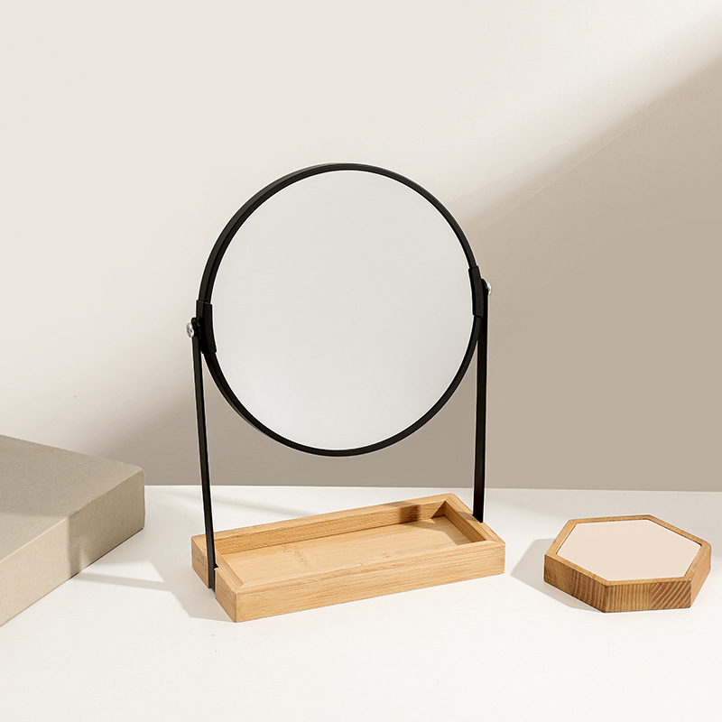 Desktop bamboo and wood double-sided mirror