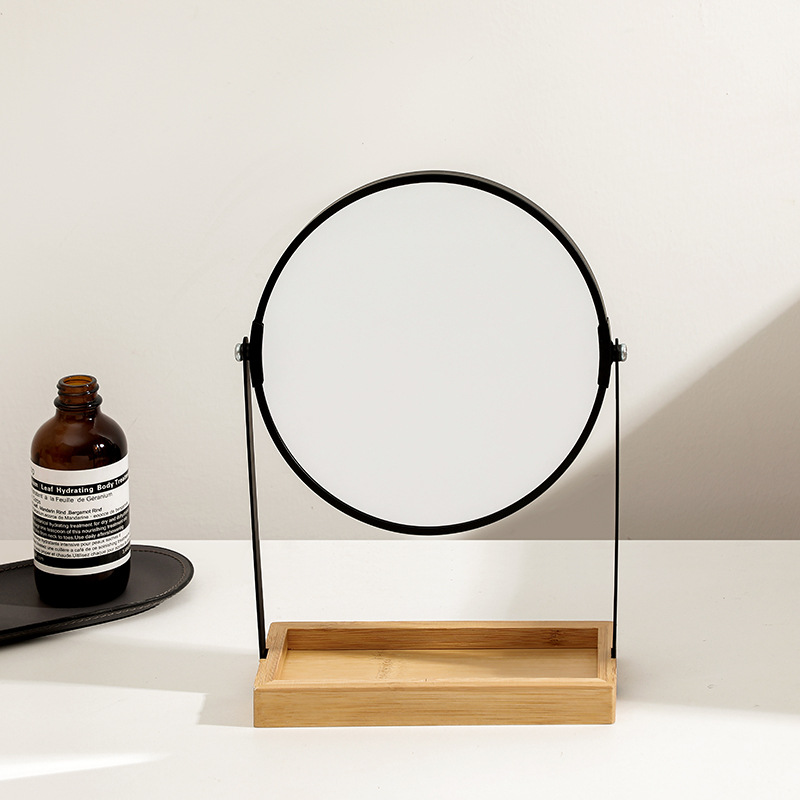 Desktop bamboo and wood double-sided mirror