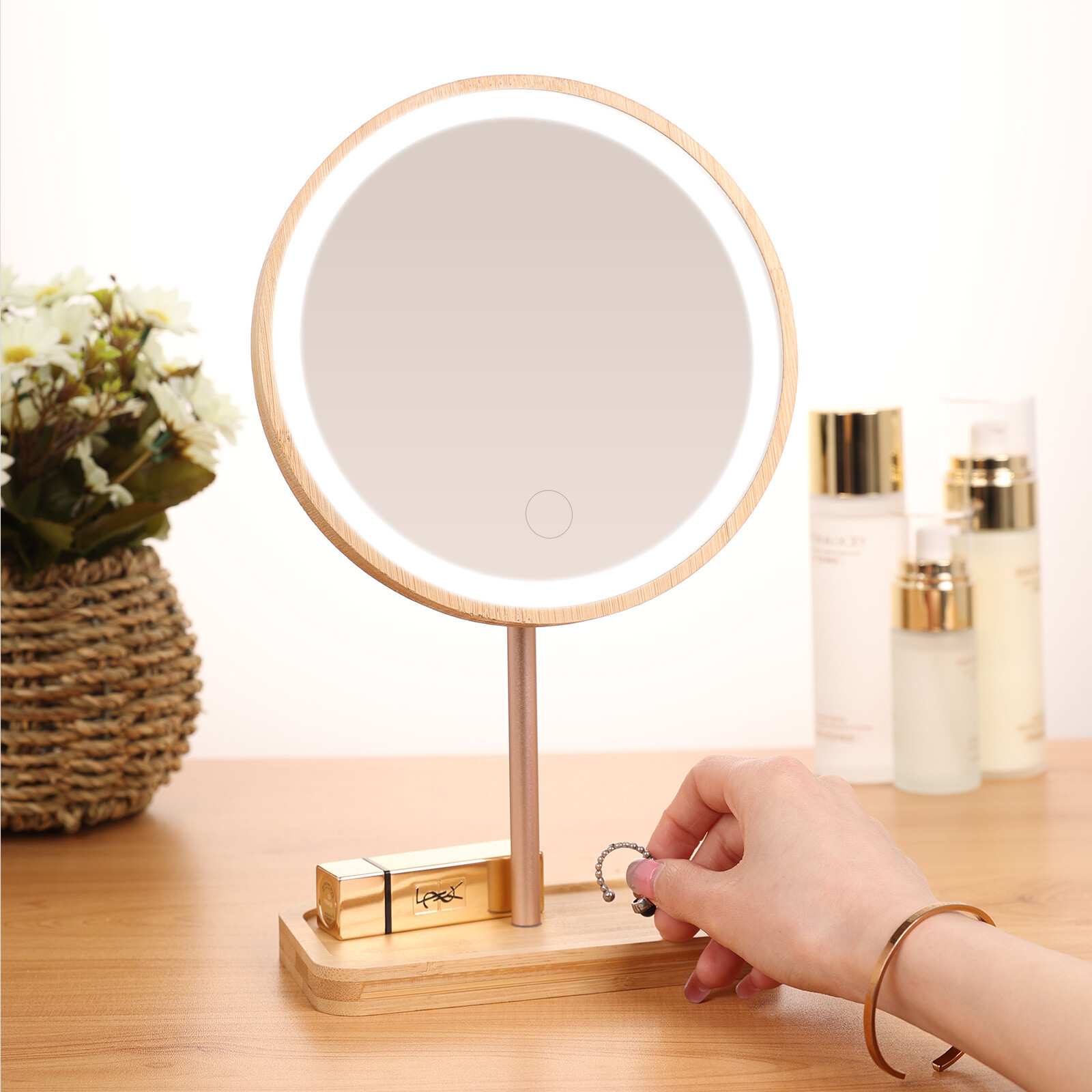 LED wood and bamboo base makeup mirror