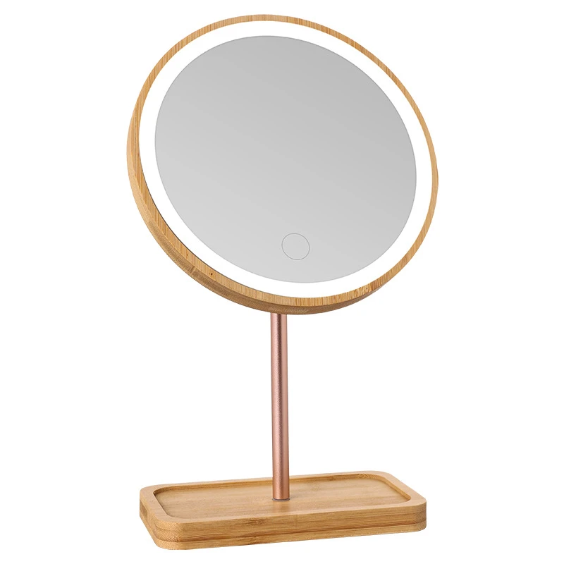 LED wood and bamboo base makeup mirror
