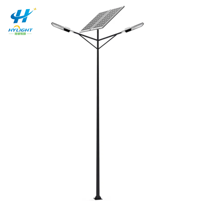 Poste de farola solar de acero galvanizado de doble brazo simple para exteriores