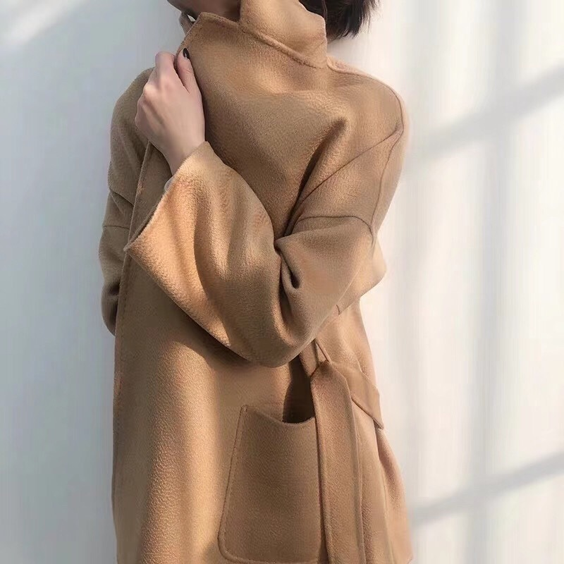 2025 Autumn/Winter New Product Wool Wave Pattern Coat, Mid-Length Double-sided Tweed Coat with Straps, Women's Dress