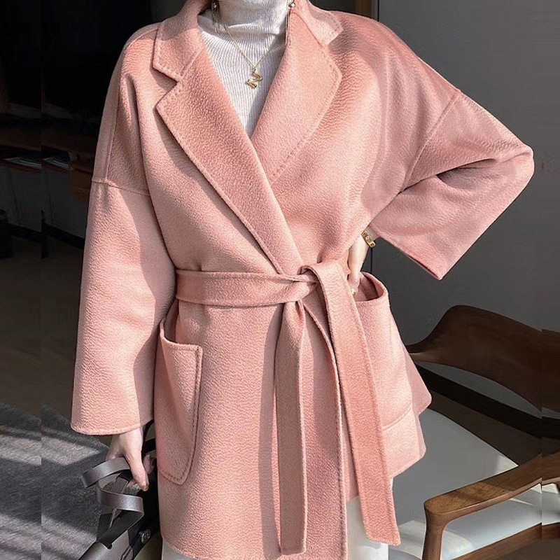 2025 Autumn/Winter New Product Wool Wave Pattern Coat, Mid-Length Double-sided Tweed Coat with Straps, Women's Dress