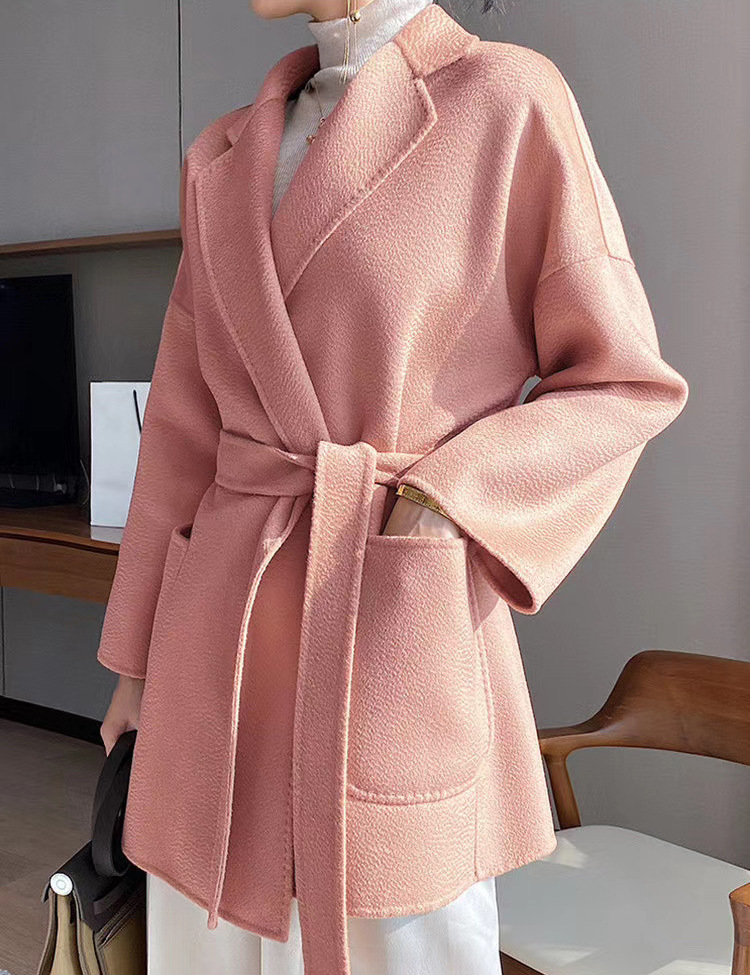 2025 Autumn/Winter New Product Wool Wave Pattern Coat, Mid-Length Double-sided Tweed Coat with Straps, Women's Dress