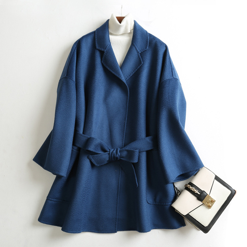 2025 Autumn/Winter New Product Wool Wave Pattern Coat, Mid-Length Double-sided Tweed Coat with Straps, Women's Dress