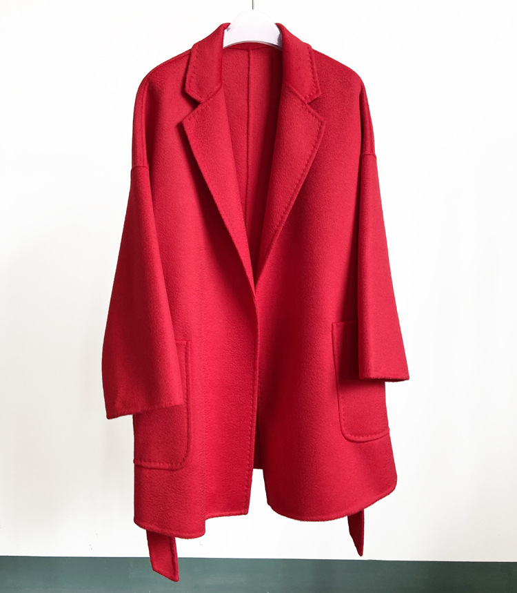 2025 Autumn/Winter New Product Wool Wave Pattern Coat, Mid-Length Double-sided Tweed Coat with Straps, Women's Dress