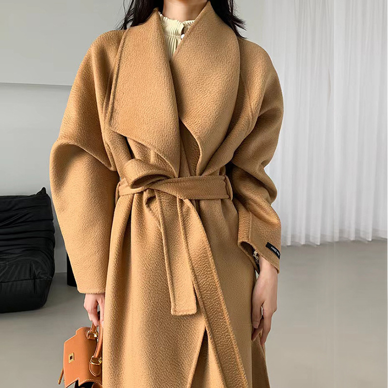 2025 New Model Water Ripple Double-sided Woolen Jacket - Loose Fit with Lace Details - Extended Length Coat