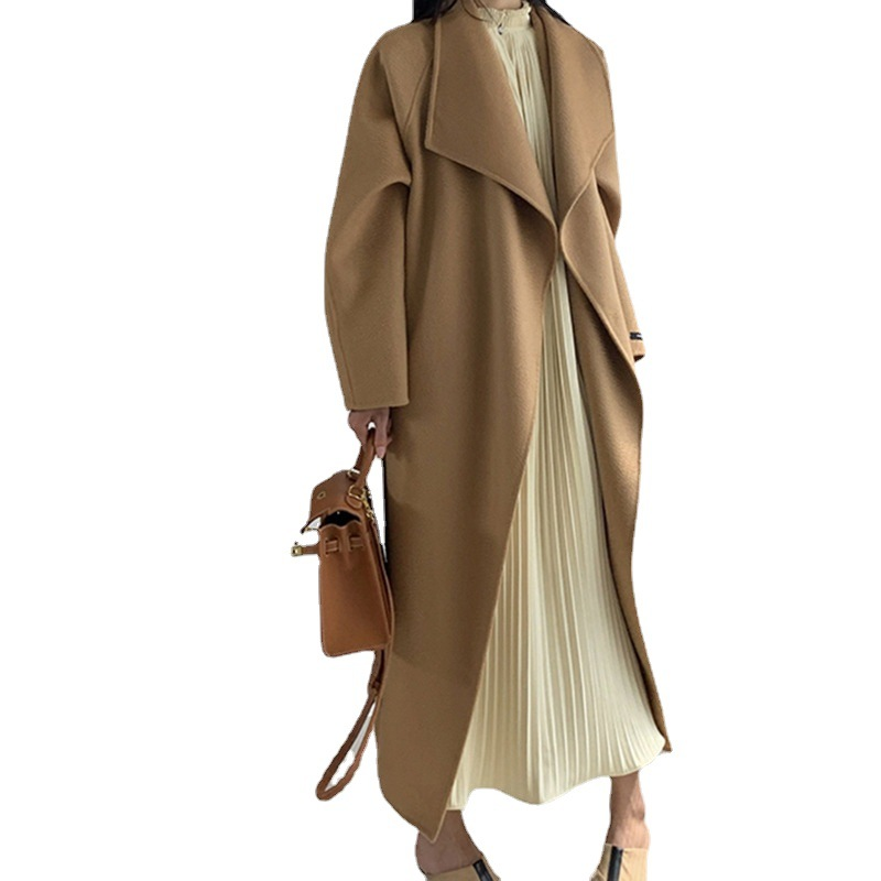 2025 New Model Water Ripple Double-sided Woolen Jacket - Loose Fit with Lace Details - Extended Length Coat
