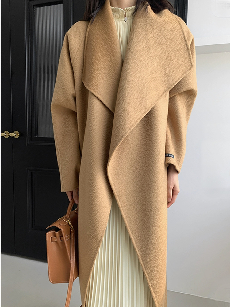 2025 New Model Water Ripple Double-sided Woolen Jacket - Loose Fit with Lace Details - Extended Length Coat