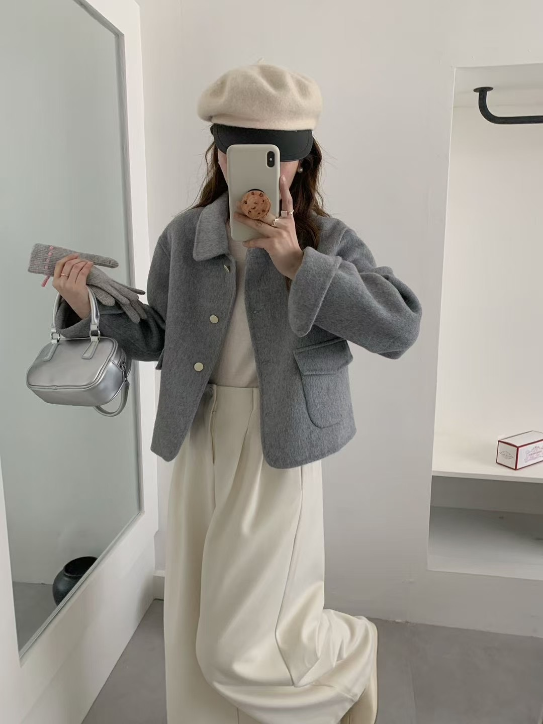 Solid-color small shawl-collar single-button large-pocket dropped-shoulder sleeve short double-sided wool tweed coat for women