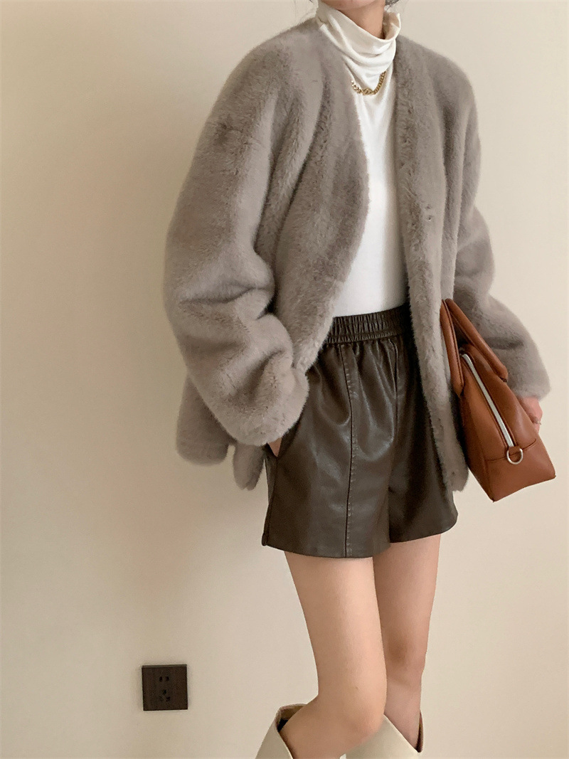 Environmentally friendly mink V-neck high-end solid-color dropped-shoulder fur-like faux-leather faux-waterfowl coat snowland mink jacket