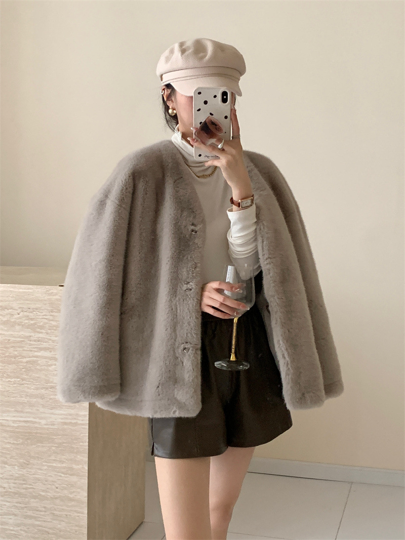 Environmentally friendly mink V-neck high-end solid-color dropped-shoulder fur-like faux-leather faux-waterfowl coat snowland mink jacket