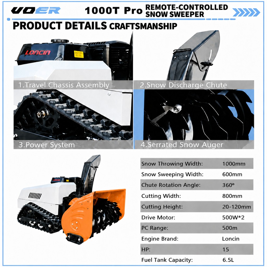 Woer 1000T-Pro 遥控抛雪机｜15HP 420cc 履带式遥控吹雪机，100cm 清雪宽度、60cm 清雪深度、800m 遥控范围