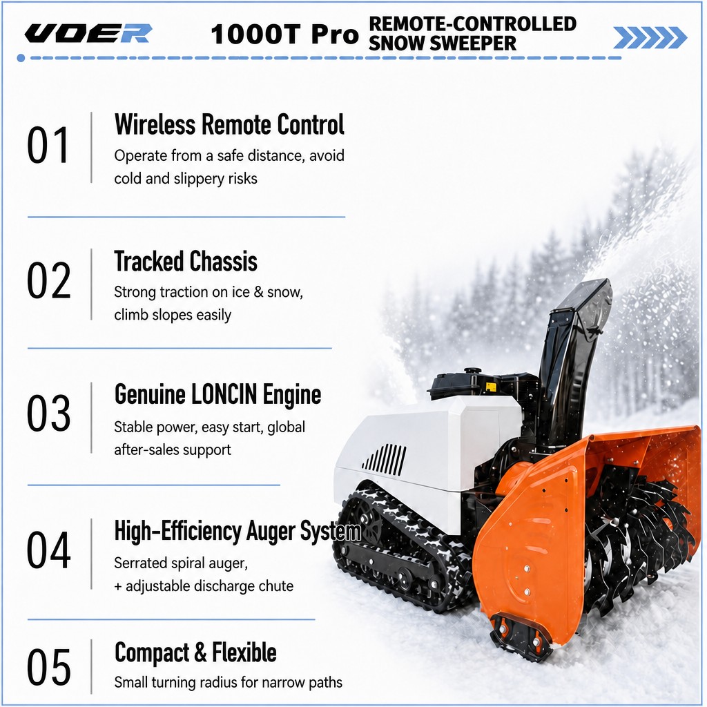 Woer 1000T-Pro 遥控抛雪机｜15HP 420cc 履带式遥控吹雪机，100cm 清雪宽度、60cm 清雪深度、800m 遥控范围