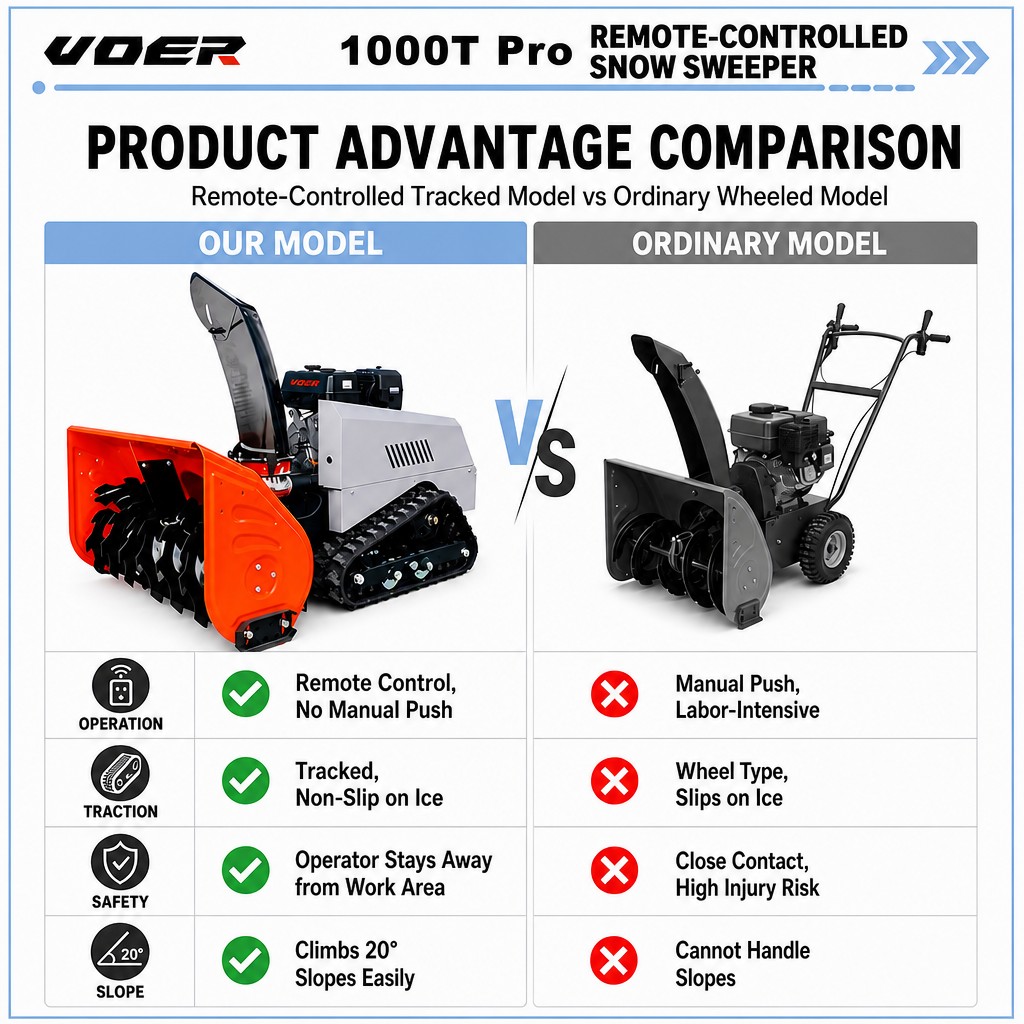 Woer 1000T-Pro 遥控抛雪机｜15HP 420cc 履带式遥控吹雪机，100cm 清雪宽度、60cm 清雪深度、800m 遥控范围