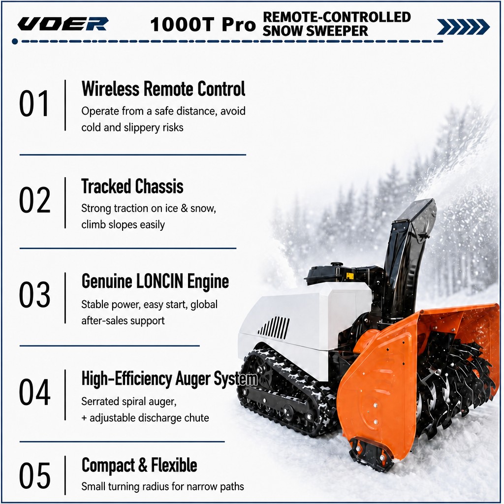 Woer 1000T-Pro RC遥控抛雪机——远程清理长车道和停车场 | 15HP履带式除雪机，抛雪距离最远达15m