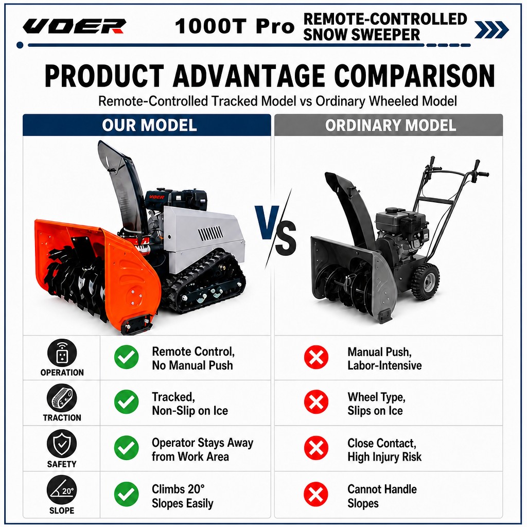 Woer 1000T-Pro RC遥控抛雪机——远程清理长车道和停车场 | 15HP履带式除雪机，抛雪距离最远达15m