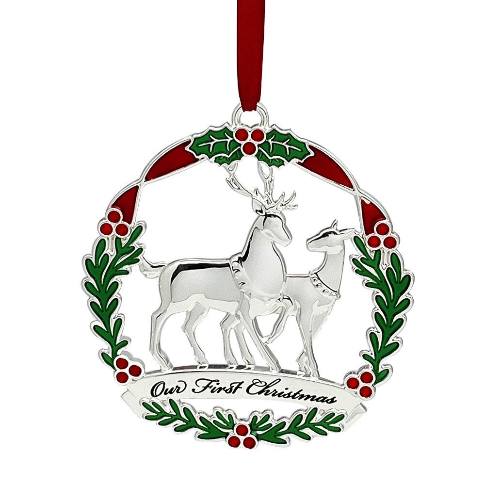 Custom Our First Christmas Ornament Silver Metal Enamel Deer Christmas Tree Ornament for Wedding
