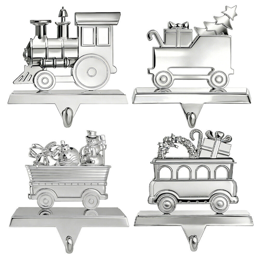 Shiny Silver Metal Christmas Train Stocking Holder Set of 4 for Fireplace Mantle with Hook