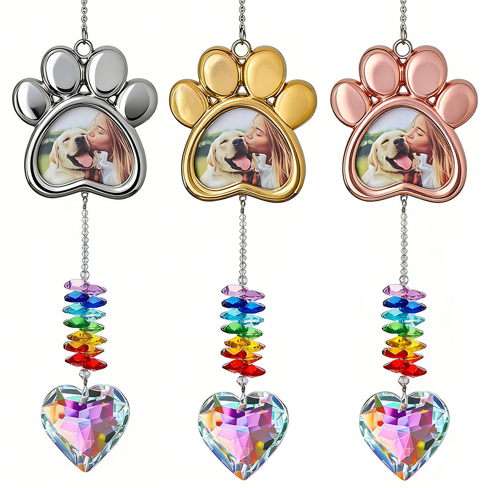 Pet Paw Print Photo Ornament Pet Dog Cat Claw Memorial Suncatcher with Heart Shaped Crystal