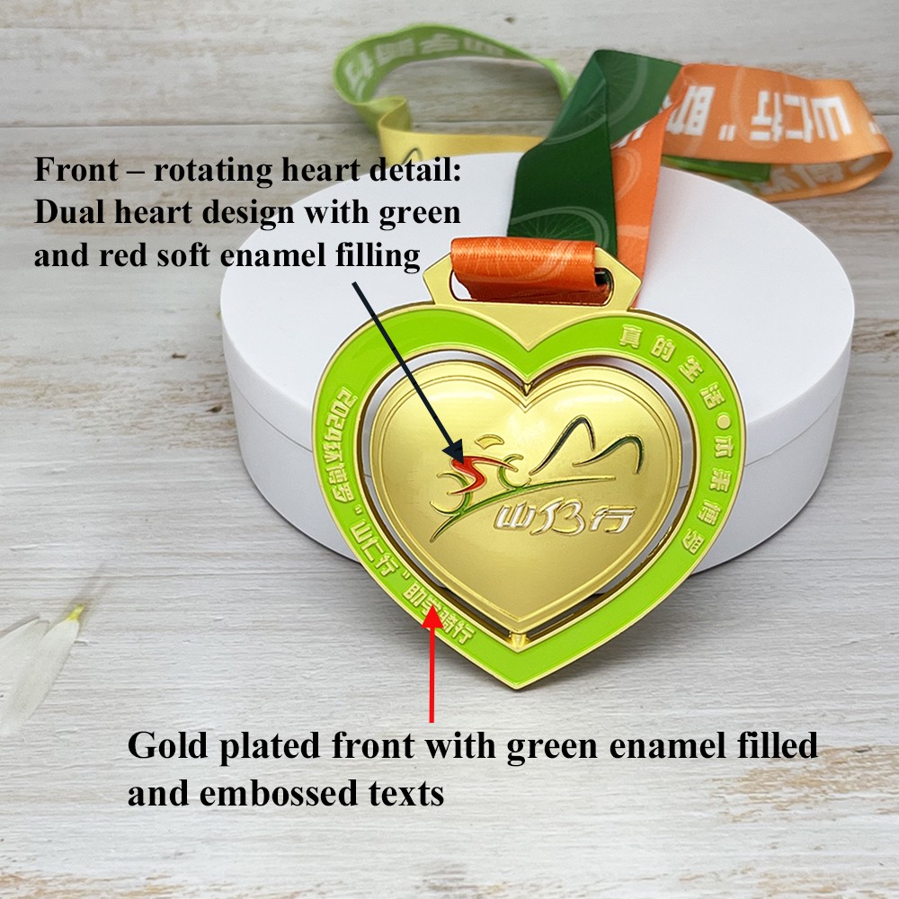Custom Double Heart Spinning Gold Medal – Zinc Alloy Gold Plated | Rotating Heart Design | Event Award Medal