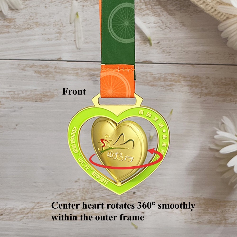 Custom Double Heart Spinning Gold Medal – Zinc Alloy Gold Plated | Rotating Heart Design | Event Award Medal