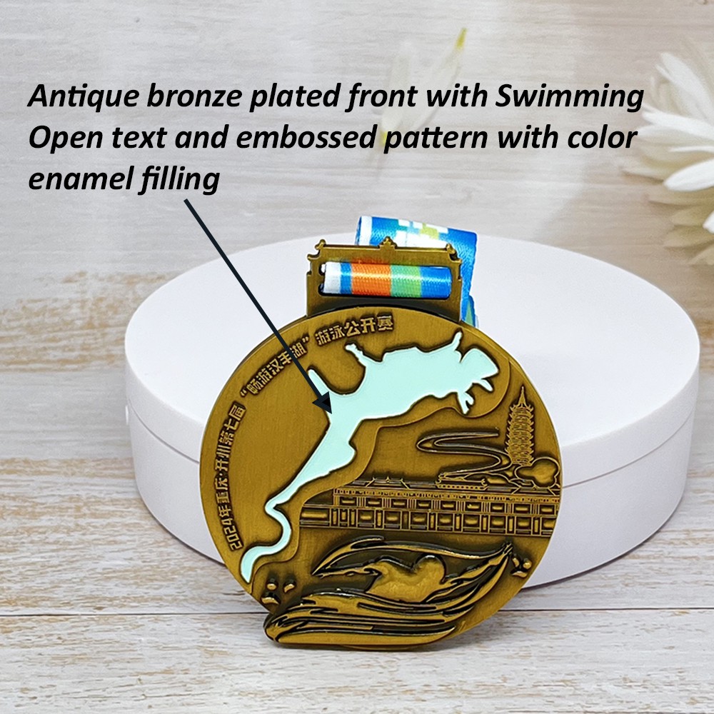 Custom Swimming Open Antique Bronze Medal – Zinc Alloy Die-Cast | Kaizhou China Event Theme | Swim Competition Award