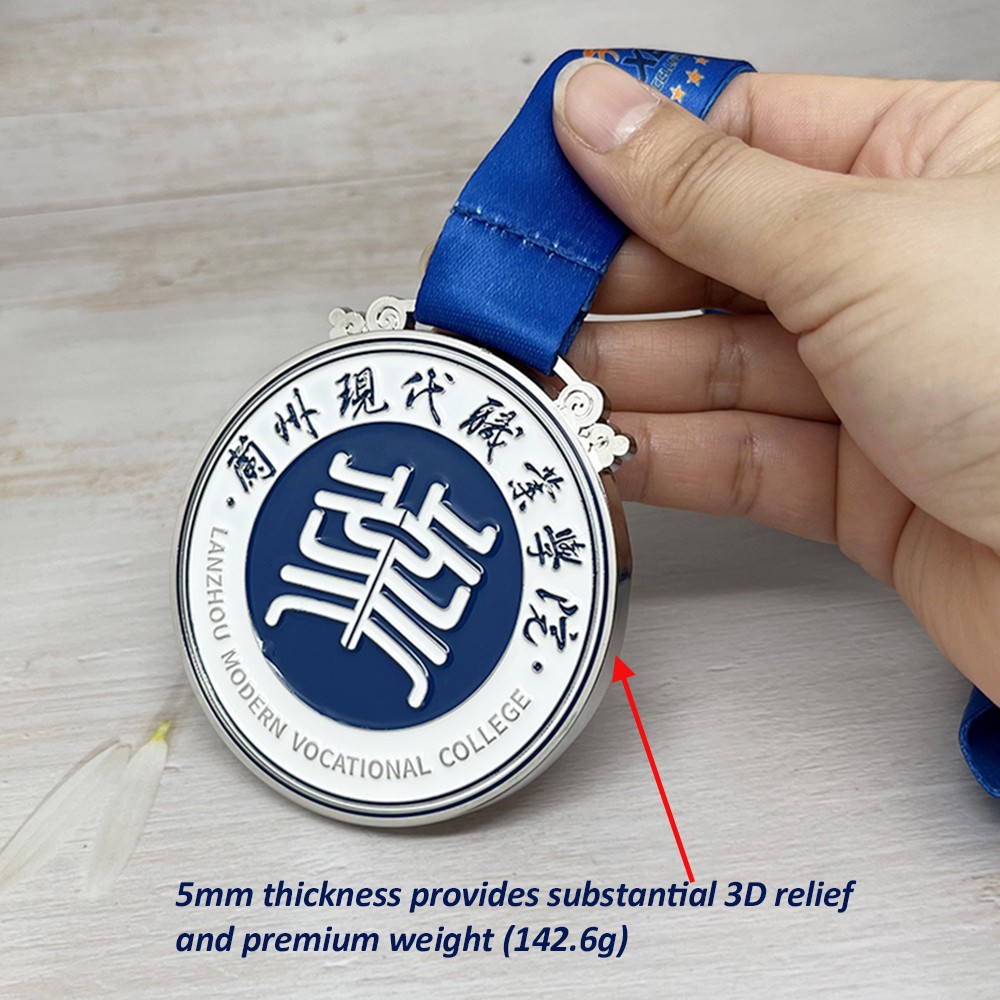 Custom Silver Academy Inspirational Medal – Zinc Alloy Silver Plated | Modern Design with Blue & White Enamel | Institutional Award
