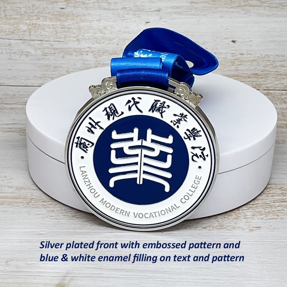 Custom Silver Academy Inspirational Medal – Zinc Alloy Silver Plated | Modern Design with Blue & White Enamel | Institutional Award