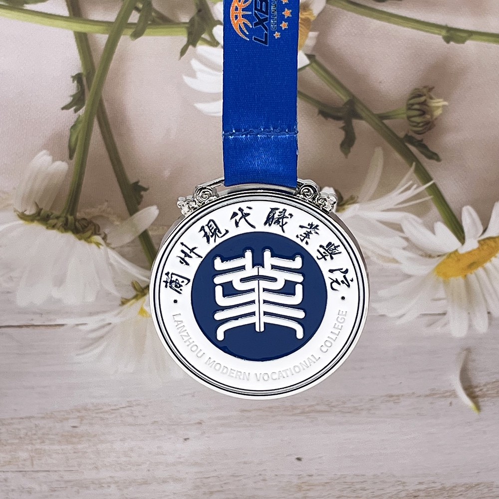 Custom Silver Academy Inspirational Medal – Zinc Alloy Silver Plated | Modern Design with Blue & White Enamel | Institutional Award