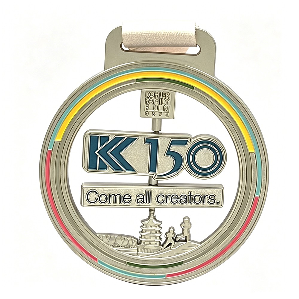 Custom Family Charity Run Spinning Pearl Nickel Medal – Zinc Alloy Plated | 150th Anniversary Theme | Rotating Center Design